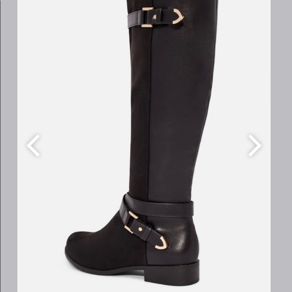 Black Riding Faux Leather Buckle Strap Flat Boots - Picture 3 of 5